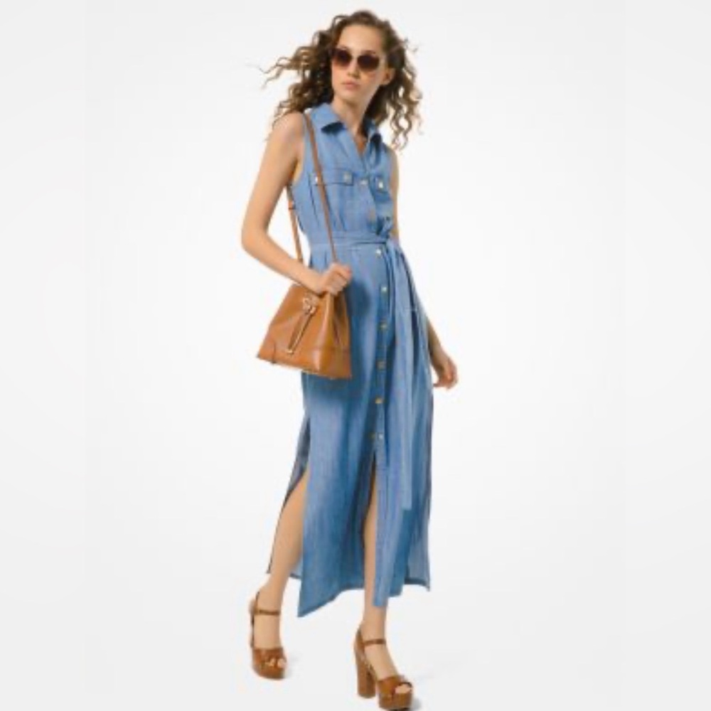 NWT $165 Michael Kors Chambray Denim Sleeveless Side-Slit Button Collar Dress XL